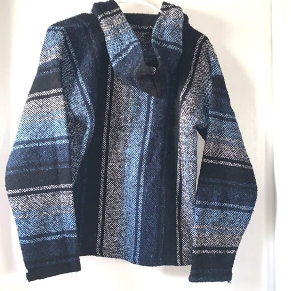 Baja Hippie Hoodie Pullover Poncho Sweater Striped Black & Blue - Picture 5 of 7